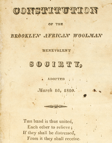 [Cover of Constitution of the Brooklyn African Woolman Benevolent Society] adopted March 16, 1810, published in 1820 by E. Worthington. Negative #85470d. Collection of The New-York Historical Society.
