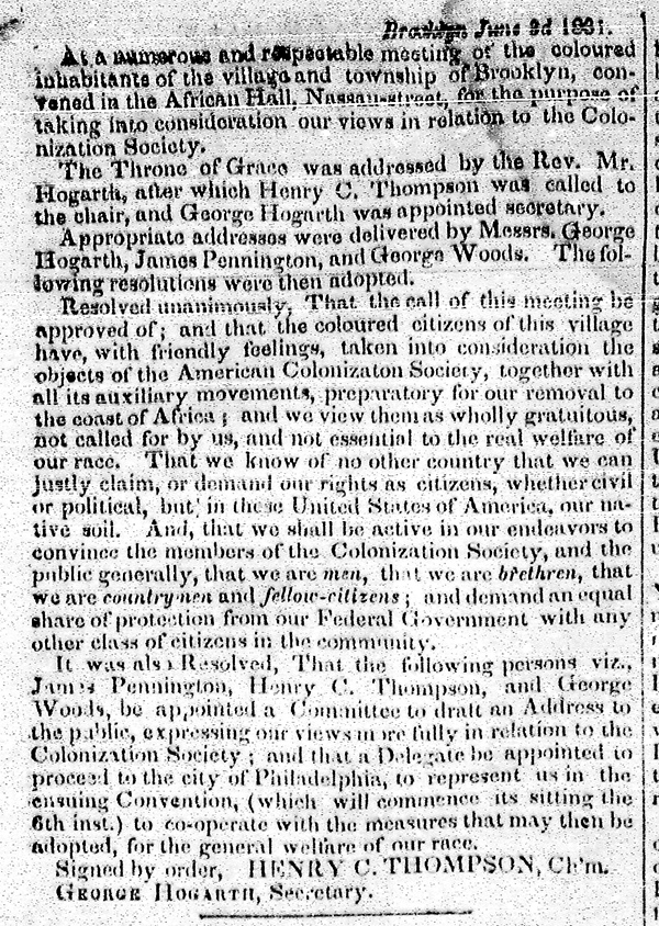 [Notice of anti-colonization protest in Brooklyn]. The Long Island Star. June 3, 1831. Brooklyn Historical Society.