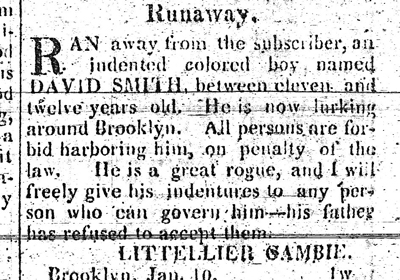 [Runaway advertisement for David Smith]. Long Island Star. January 10, 1822. Brooklyn Historical Society.