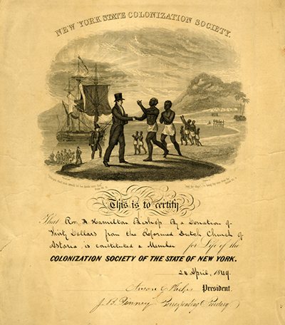 [Certificate of membership]. 1849. Colonization Society of the State of New-York membership certificate to A. Hamilton Bishop. 1985.029. Brooklyn Historical Society.